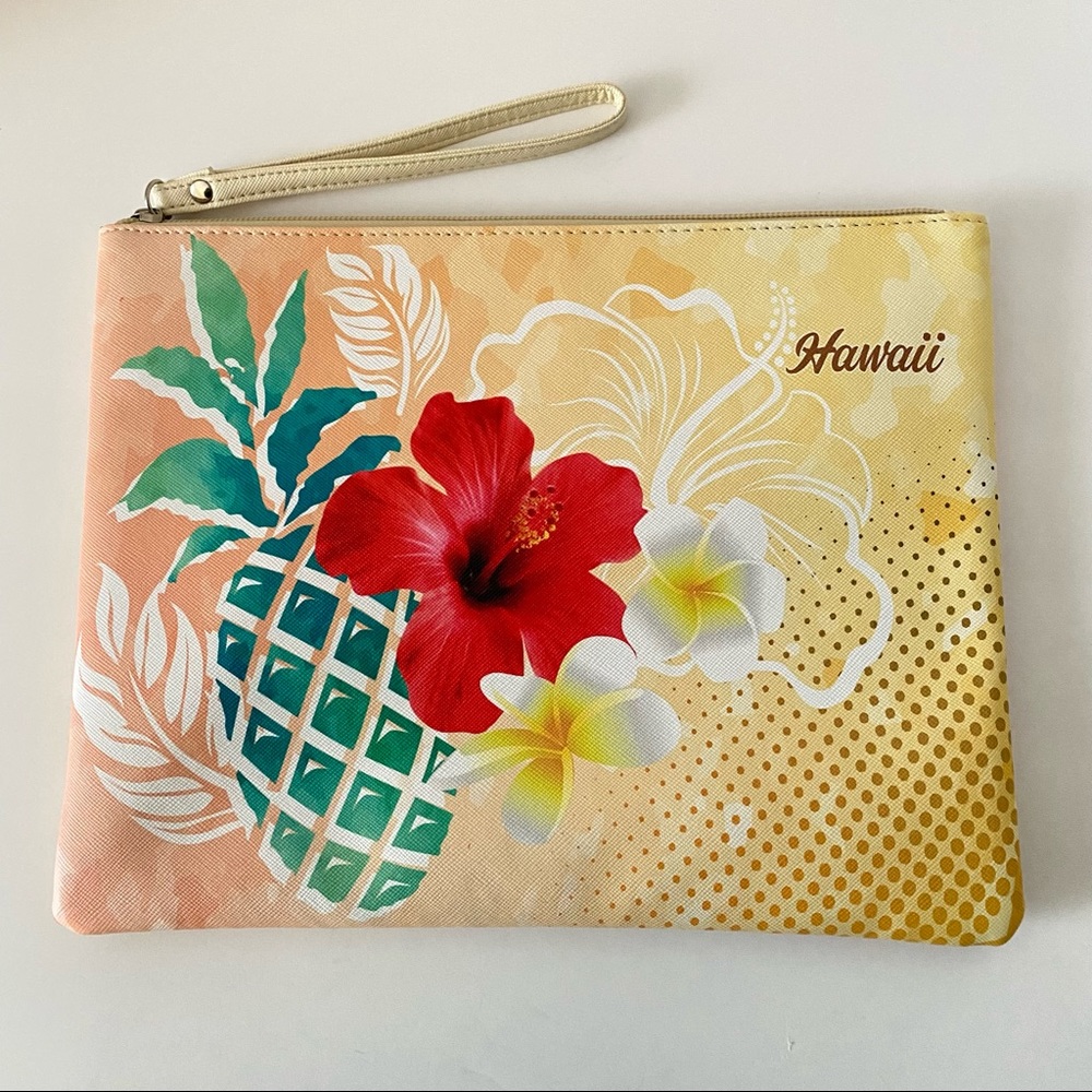 Vinyl Carry-All Clutch Zip Top Padded Hawaii Red Hibiscus Teal Pineapple NWOT